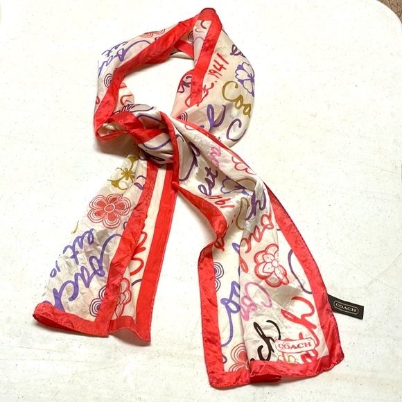 Coach Accessories - Coach Cream Silk Scarf with Red Border and Multicolor Script